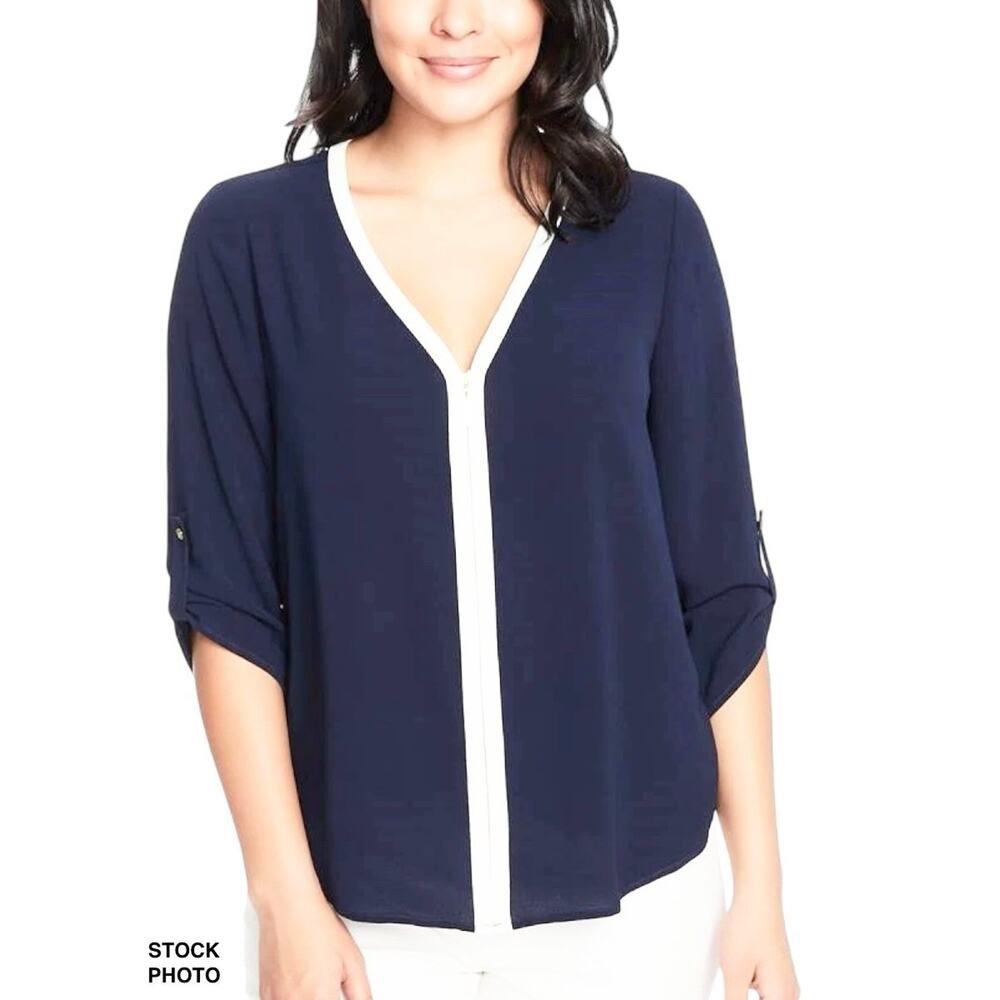 Chaus New York Navy Blue Zip Front Blouse Size L 3/4 Sleeve Roll Tab Career Top